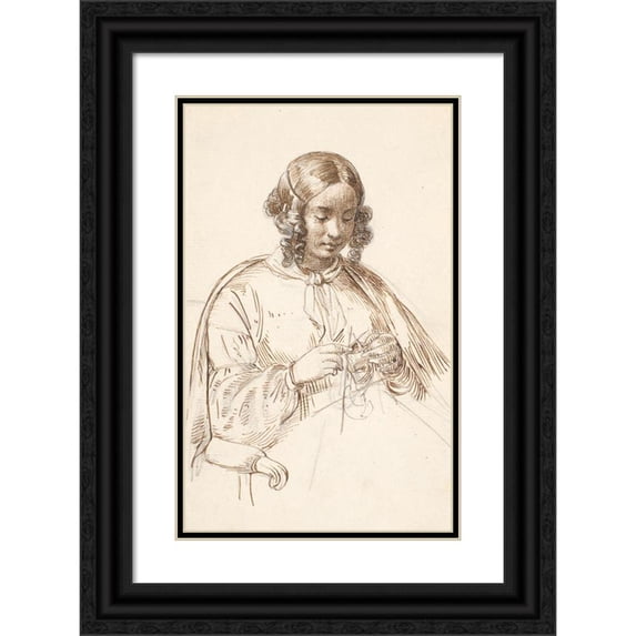 Wilhelm Marstrand 13x18 Black Ornate Wood Framed Double Matted Museum Art Print Titled - Young Knitting Dame, Half Figure (1810 - 1873)