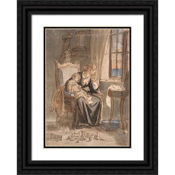 Wilhelm Marstrand 14x18 Black Ornate Wood Framed Double Matted Museum Art Print Titled - At Dusk. Mrs. Marstrand with Son Poul (1853)