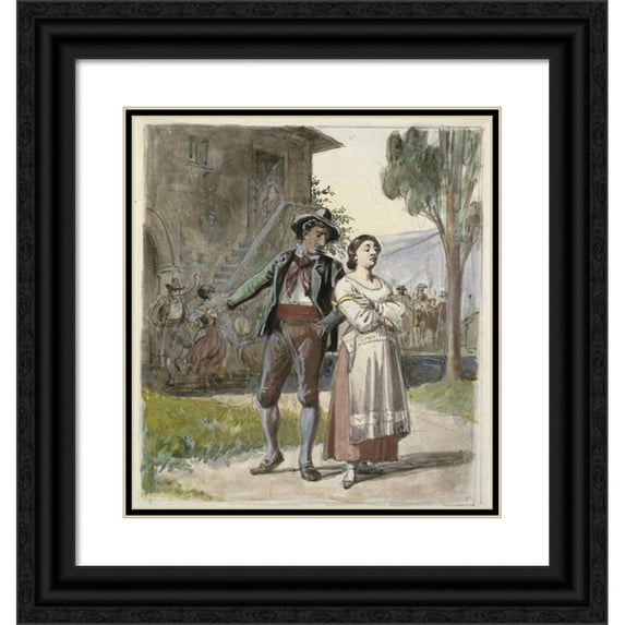 Wilhelm Marstrand 20x22 Black Ornate Framed Double Matted Museum Art Print Titled: Young Couple Who Disagree, in the Background Dancing in Front of a House (1870 - 1879)