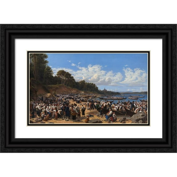 Wilhelm Marstrand 24x16 Black Ornate Framed Double Matted Museum Art Print Titled: Church-Goers Arriving by Boat at the Parish Church of Leksand on Siljan Lake, Sweden (1853)