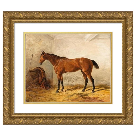 Wilhelm Richter 14x12 Gold Ornate Wood Frame and Double Matted Museum Art Print Titled - A Bay Horse in a Stable with Saddle Blanket (1884)