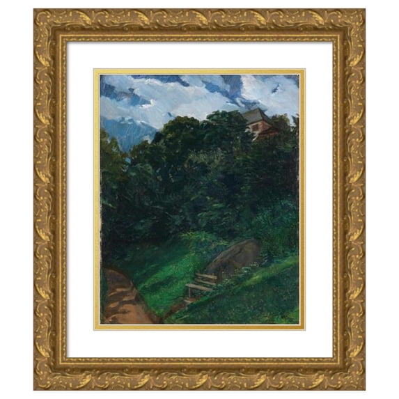 Wilhelm Trübner 15x18 Gold Ornate Wood Frame and Double Matted Museum Art Print Titled - Schlosspark Lichtenberg with Bank (Odenwald) (1900)