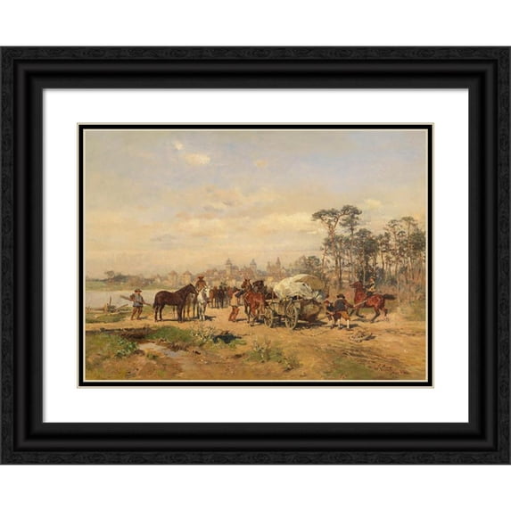 Wilhelm Velten 14x11 Black Ornate Wood Framed Double Matted Museum Art Print Titled: Axis Break on the Street to Rothenburg (Approx. 1880-90)