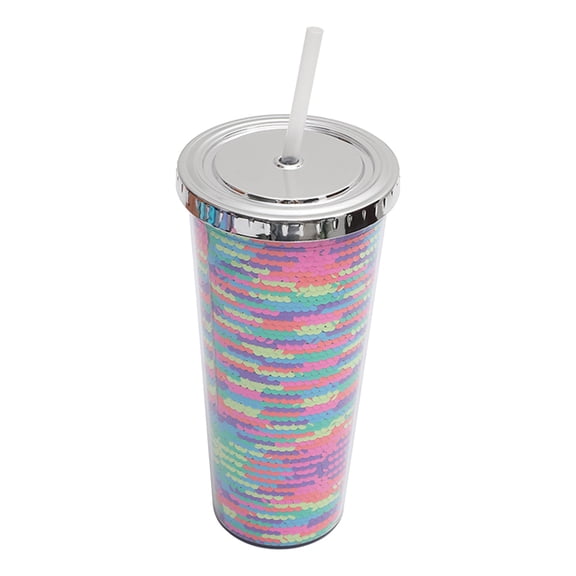 Wilinohome Double Layer Plastic Cup Sequins Straw Cup Creative Summer Cold Drink Water Cup Outdoor Drinking Glasses And Coffee Mug Kitchen Accessories Kitchen Essentials