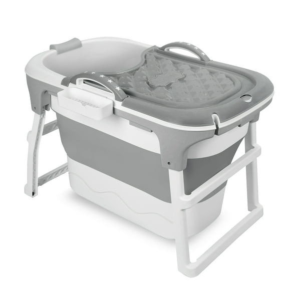 Wilitto 40.6 Inch Portable Folding Bathtub, Small Foldable Tub with Ergonomic Seat & Massage Roller, Large Collapsible Tub, Freestanding Surround Collapsible Tub, Effortless Foldable Bathtub _Grey