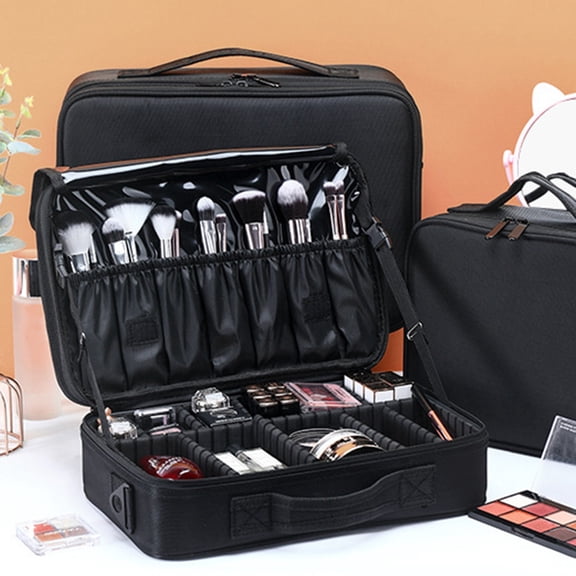 Wilitto Makeup Organizer Tool Bag with Thermal Insulation Layer Large Capacity Waterproof Adjustable Oxford Makeup Storage Organizer Box (Black)