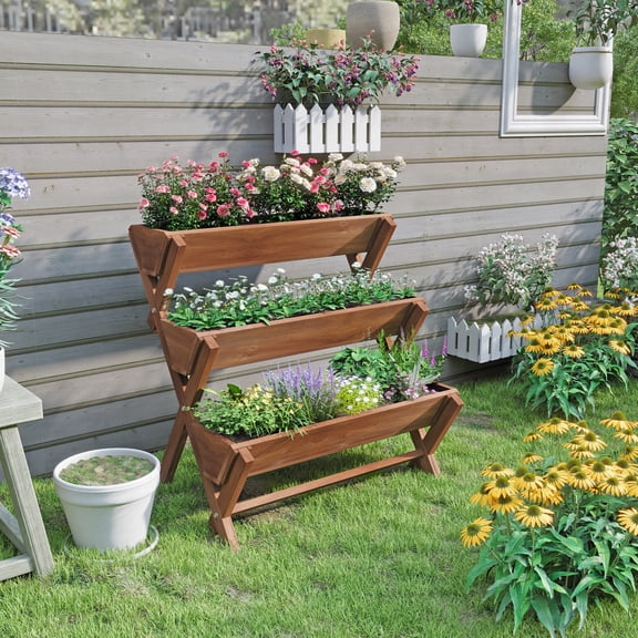 Wilk 3-Tier Fir Wood Raised Garden Bed,34 x 22.4 x 36 Elevated Planter Box for Backyard, Patio