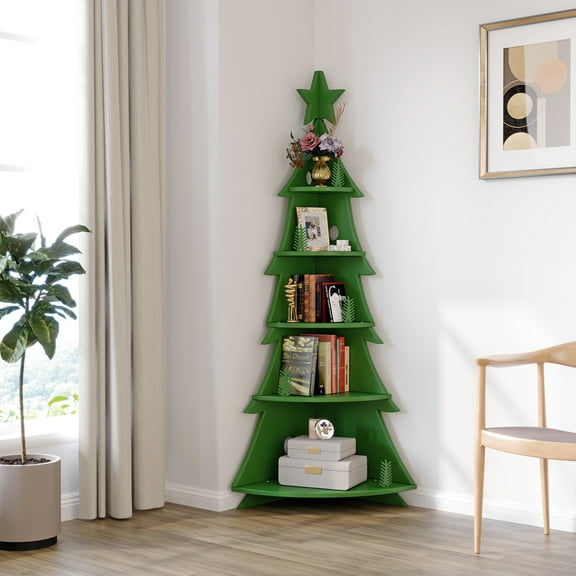Wilk Corner Bookshelf, 71 Inch Tall Bookcase , Solid Wood Corner Shelf Display Rack Storage Organizer, Green