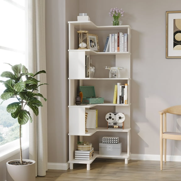 Wilk Corner Bookshelf Solid Wood Corner Bookcase Storage Display Rack, White