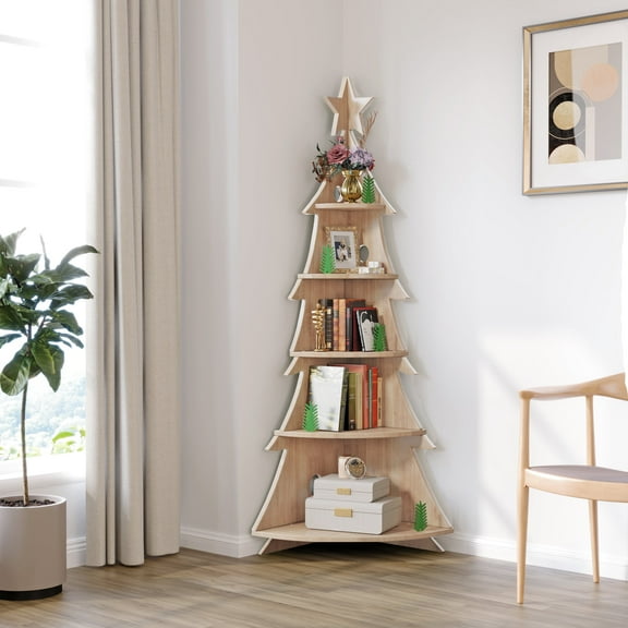Wilk Corner Shelf, 5-Tier Wall Corner Bookshelf, Wood Corner Bookcase Storage Rack Plant Stand with Unique Shape, No Paint