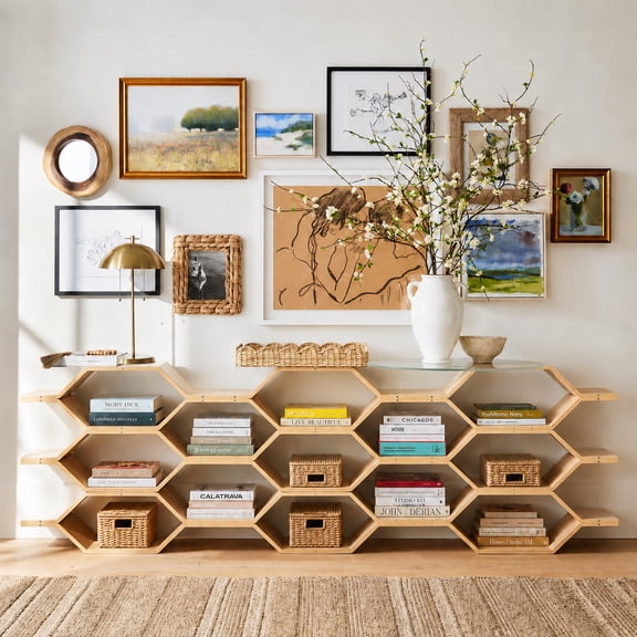 Wilk Modular Hexagon Bookshelf Honeycomb Shelving Unit Modern Wooden Storage Display Shelf Expandable Geometric Bookcase Wall Unit for Living Room Office Bedroom, Natural Wood 3 Piece Set