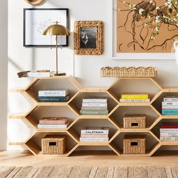 Wilk Modular Hexagon Bookshelf Honeycomb Shelving Unit Modern Wooden Storage Display Shelf Expandable Geometric Bookcase Wall Unit for Living Room Office Bedroom, Natural Wood 6 Piece Set