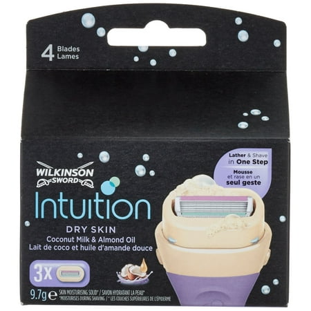 Wilkinson by Schick Intuition Dry Skin Coconut Milk & Almond Oil Refill Razor Blade Cartridges, 3 Count + Makeup Blender Sponge