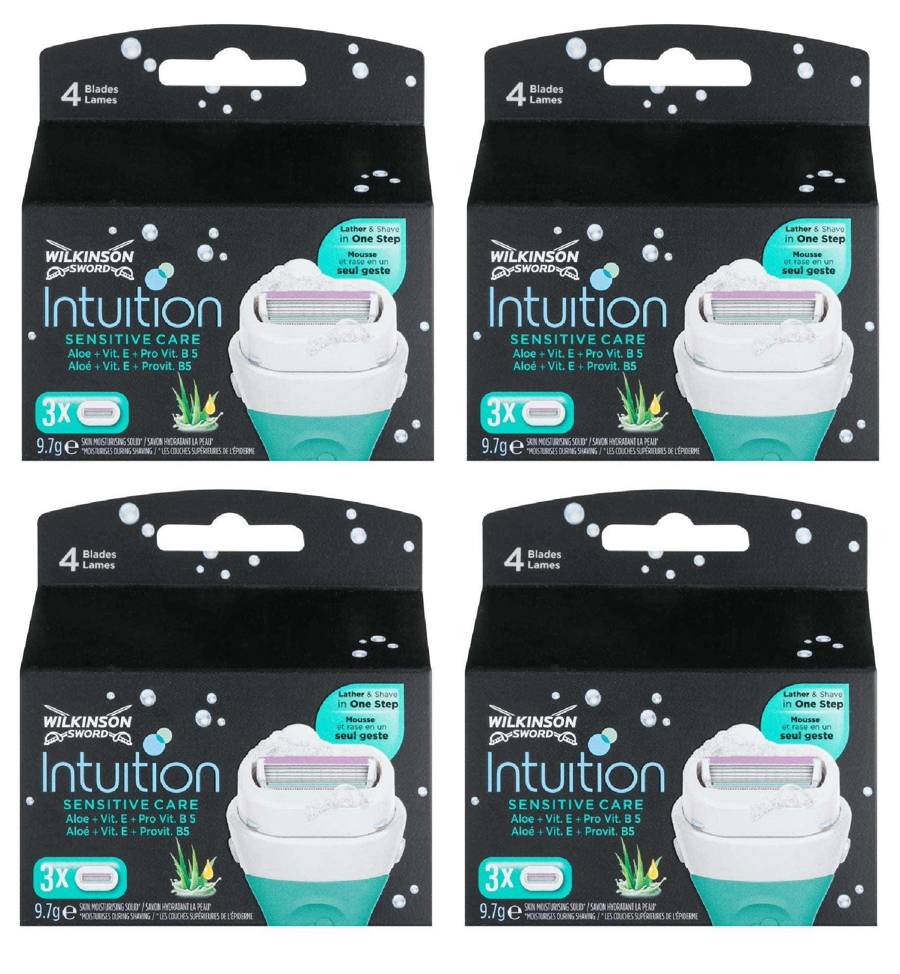 Wilkinson by Schick Intuition Sensitive Care, Aloe and Vitamin E, Refill Razor Blade Cartridges, 3 Count (Pack of 4)