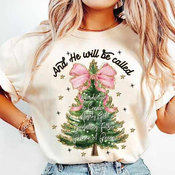 And He Will Be Called T-Shirt, “Oh Come Let Us Adore Him” hand‑drawn Christmas tree & watercolor cross bow graphic, elegant Christian holiday faith tee