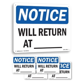 Will Return At ____ OSHA Notice Rigid Plastic Sign 18 Inch x 12 Inch - 5 Pack
