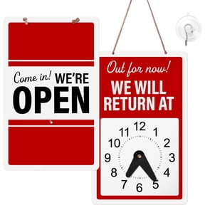 Will Return Sign with Adjustable Clock, 9.25" x 5.75" Two Sided Plastic Sign with Twine and Suction Cup Hook, Business Hours Open Closed
