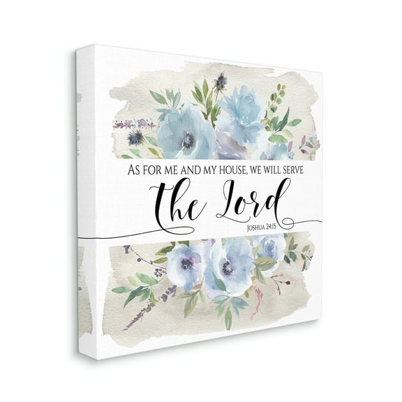 Will Serve the Lord Joshua 24:15 Blue Florals Religious Gallery-Wrapped Canvas Print Wall Art, 17x17