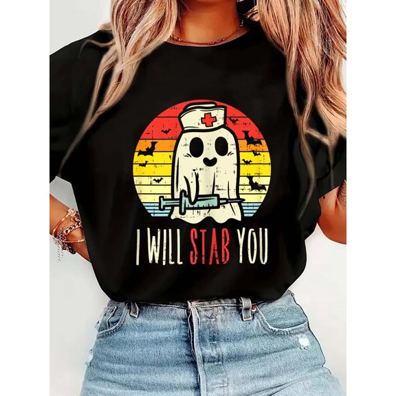 Will Stab You Ghost Nurse Retro Halloween Nursing RNCrew Neck Graphic Tee Cotton Women T-Shirt