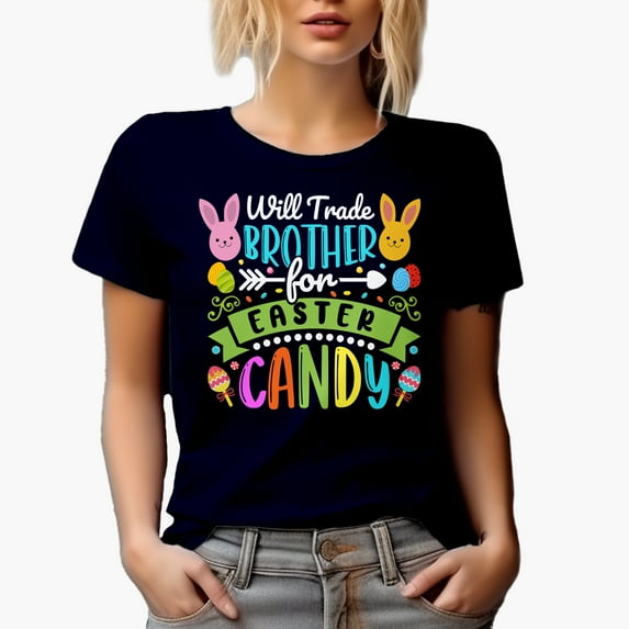Will Trade Brother for Easter Candy, Witty Easter Day, Navy Blue T-Shirt, XL