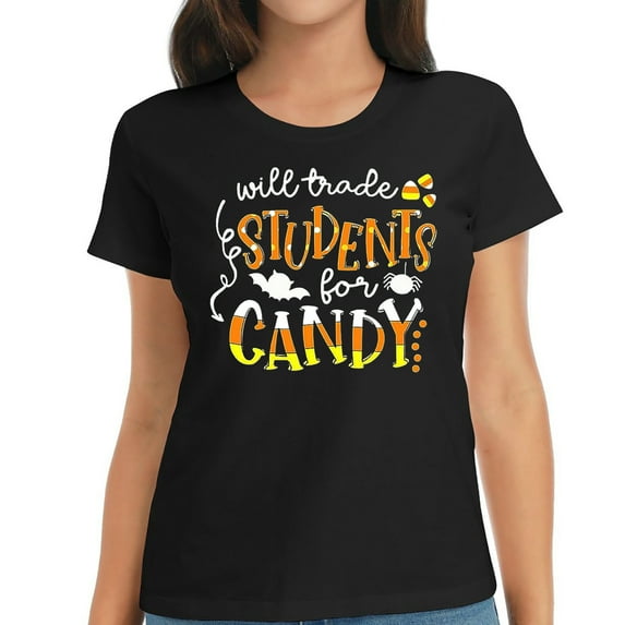 Will Trade Students For Candy Tshirt Women Teacher Halloween Shirt Funny Letter Print Short Sleeve Fall Tops Tees