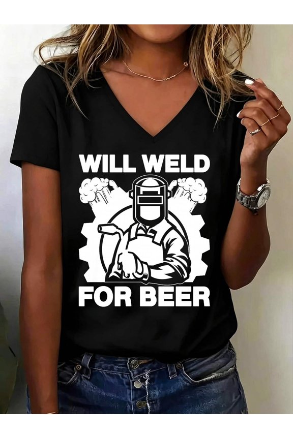 Will Weld for Beer Welder Welding Premium Tri-Blend V Neck T-Shirt Cotton Women's V Neck Graphic Tee, Casual Short Sleeve Shirt,Vacation Outfit