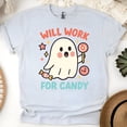 thumbnail image 1 of Will Work For Candy Ghost Cartoon Graphic Tee Unisex T-Shirt, Ash, Size M, 1 of 6