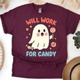 thumbnail image 1 of Will Work For Candy Ghost Cartoon Graphic Tee Unisex T-Shirt, Maroon, Size L, 1 of 6