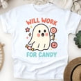 thumbnail image 1 of Will Work For Candy Ghost Cartoon Graphic Tee Unisex T-Shirt, White, Size M, 1 of 6
