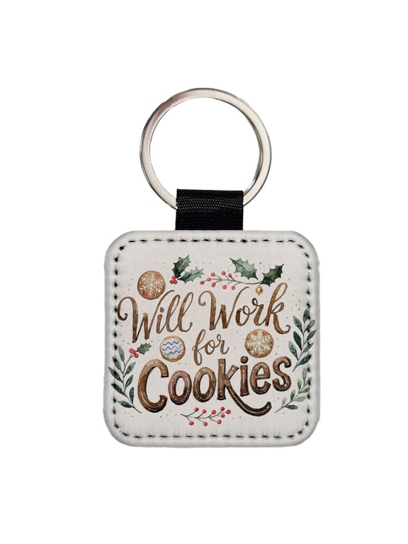 Will Work For Cookies Christmas Faux Leather Square Keychain