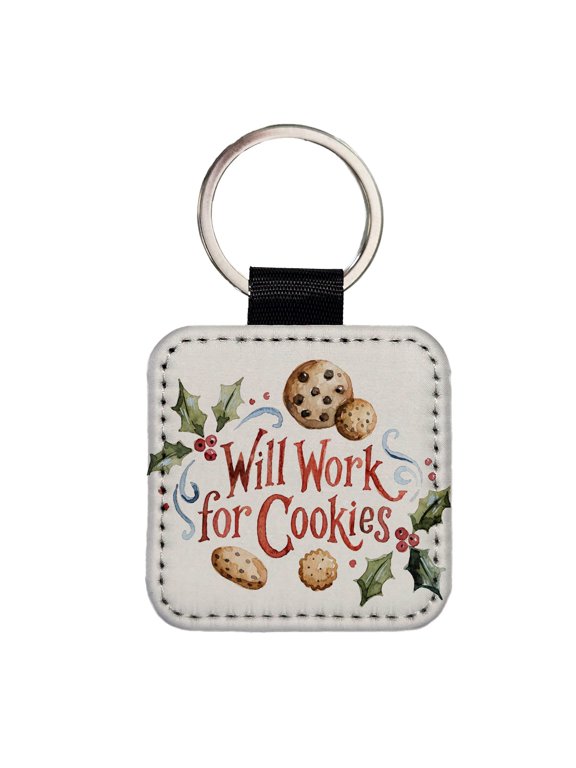 Will Work For Cookies Christmas Funny Faux Leather Square Keychain
