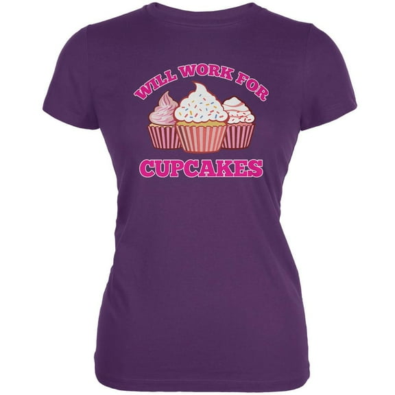Will Work For Cupcakes Purple Juniors Soft T-Shirt - X-Large