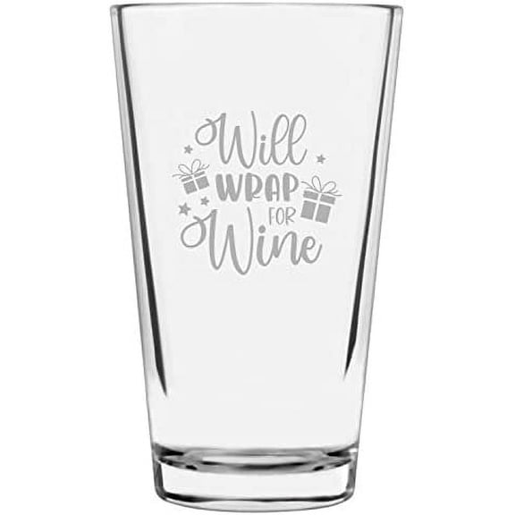 Will Wrap For Wine Merry Christmas Etched 16oz Libbey Pint Glass