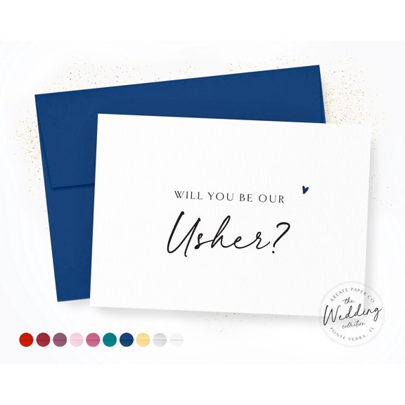 Will You Be Our Usher Wedding Proposal Card, Minimalist Script Stationery with Navy Blue Envelope