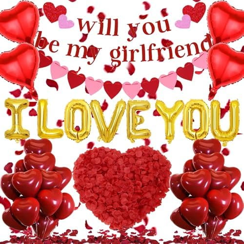 Will You Be My Girlfriend - 534 Pcs Romantic Decorations Banner I Love You Heart-Shaped Latex Balloons Artificial Rose Petals for Valentine Day Wedding Anniversary Proposal Special Night Supplies