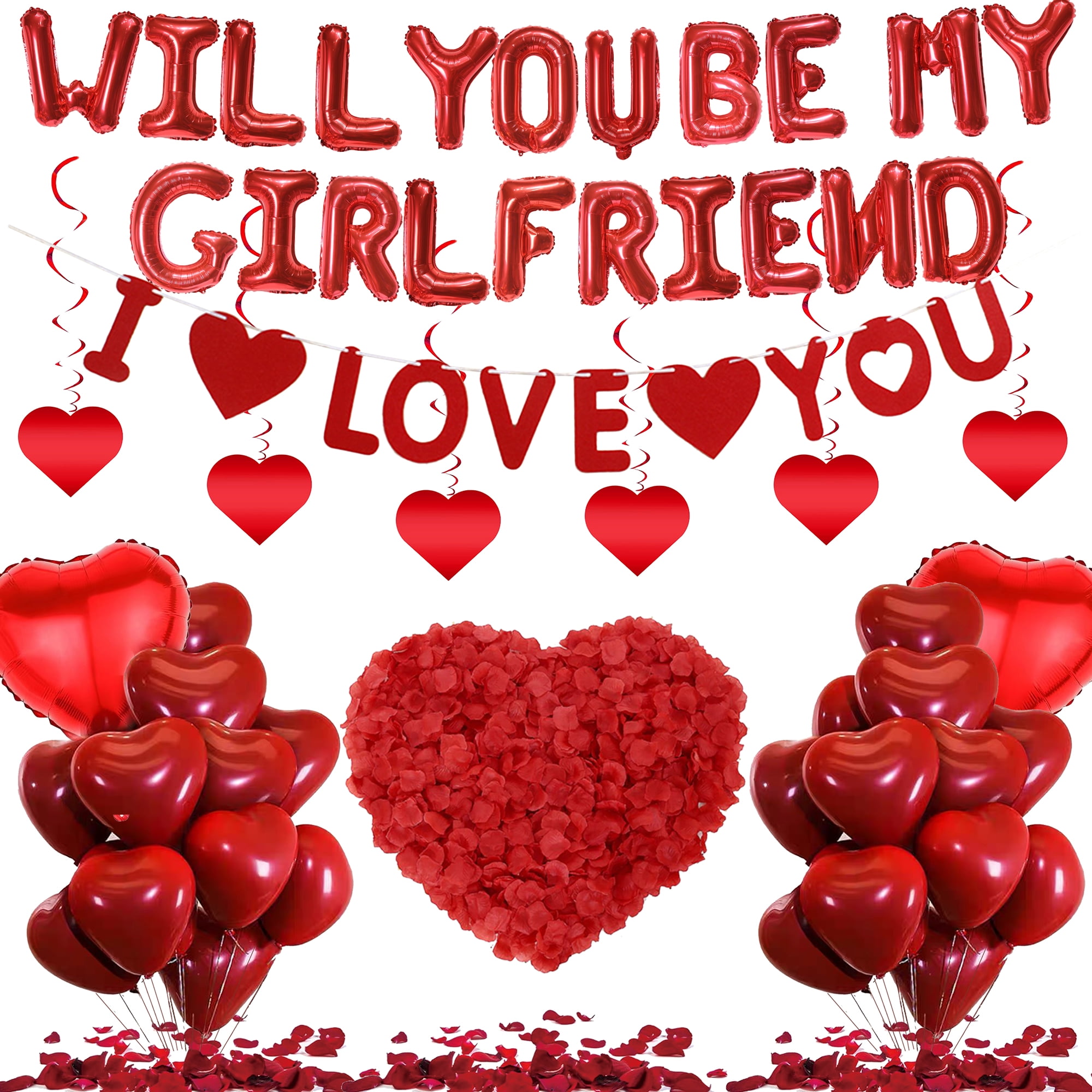Will You Be My Girlfriend - 554 Pieces Red Will You Be My Girlfriend Letters Foil Balloon I Love You Banner Heart Spiral Decoration for Anniversaries Valentine's Day Confession Wedding Birthday