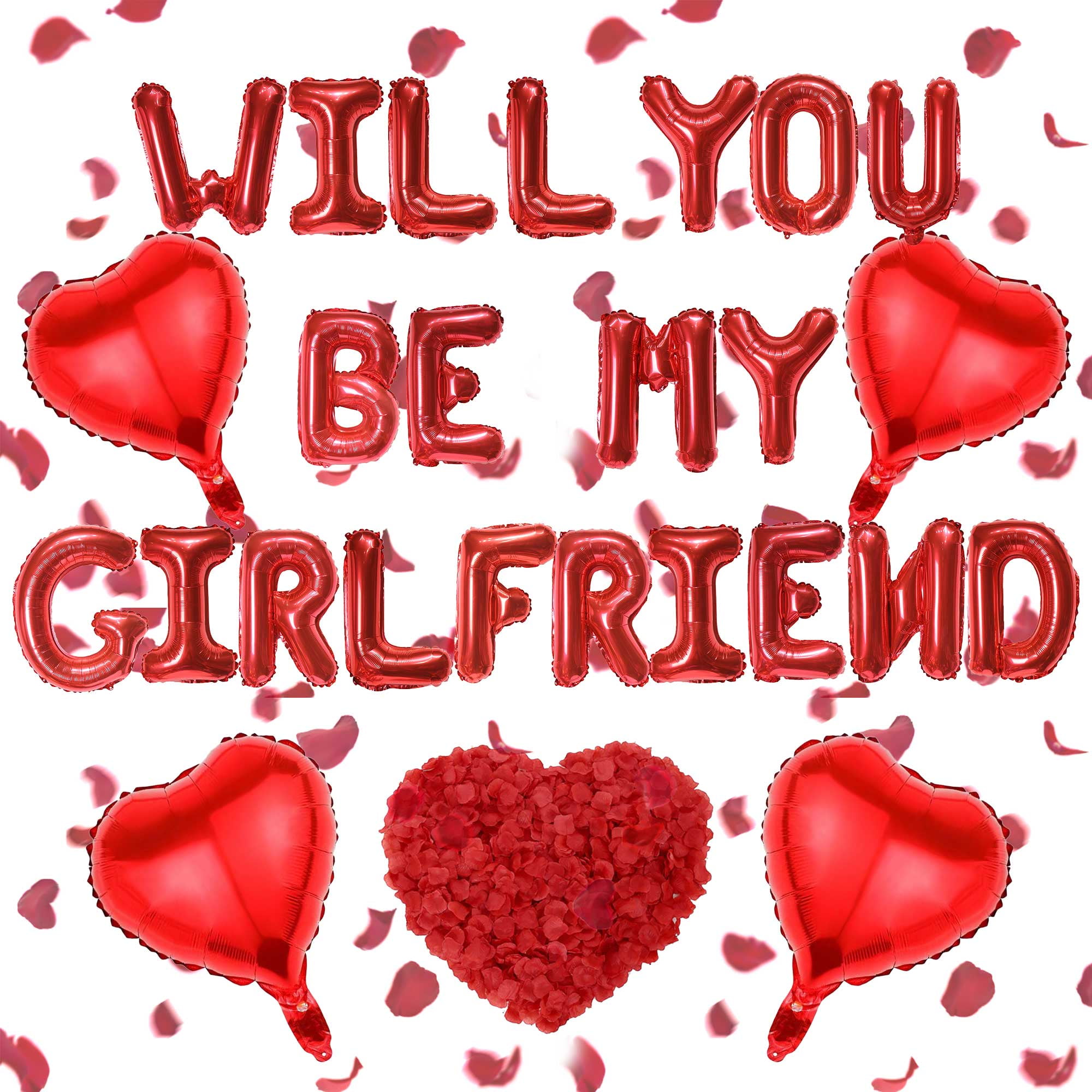 Will You Be My Girlfriend Balloons Decorations Red Heart Shape Foil Balloons, 16 inch Letters Balloon and 500 Artificial Rose Petals for Proposal Wedding Romantic Valentine Day Decor Supplies