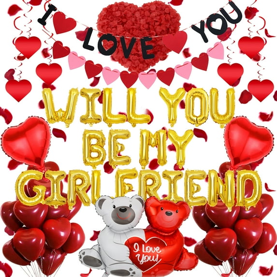 Will You Be My Girlfriend Balloons Decorations, Red Letter Foil Balloons I Love You Banner Love Bear Heart Balloons 500 Pcs Artificial Rose Petals For Proposal Wedding Valentine Day Decor Supplies
