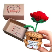 Will You Be My Girlfriend Card Handmade Cute Love Card Match Holder with Crochet Rose Flower, Be My GF Decoration, Romantic Gift for Her with Hidden Message, Valentines Day Gift Unique