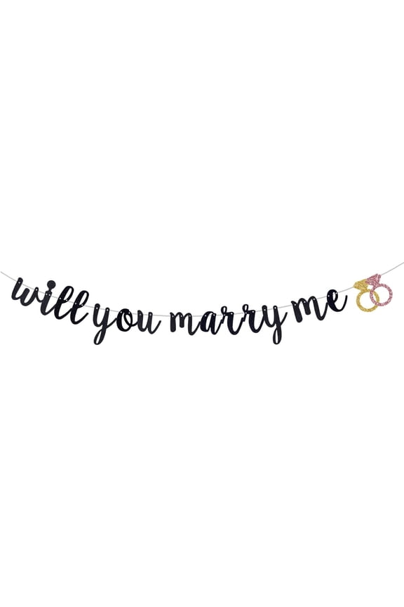 Will You Marry Me Banner, Proposal Party Garland Shiny Black Glitter Paper Sign Valentine's Day Wedding Marriage Proposal Engagement Party Decorations Pre-Strung