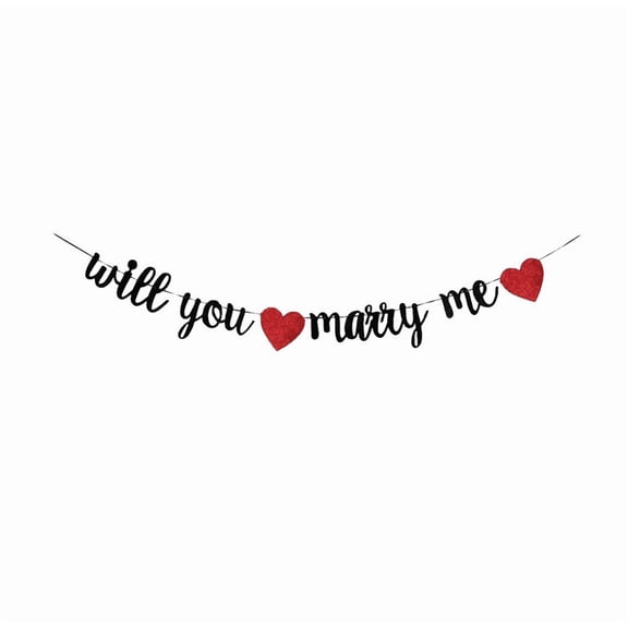 Will You Marry Me Banner, Black Script with Red Glitter Hearts, Proposal Party Decoration