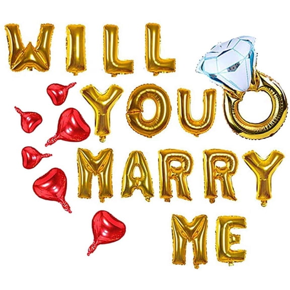 Will You Marry Me Letter Balloons Banner, 16inch Gold Letter Foil Balloons Red Heart Mylar Balloons for Love Wedding Party Decorations
