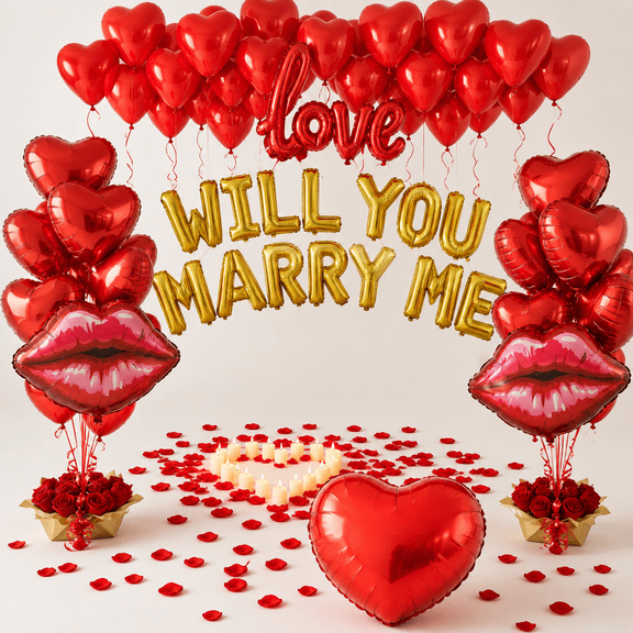 Will You Marry Me Proposal Decoration Kit with Foil Letters, Lips Balloons and Rose Petals
