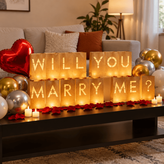 Will You Marry Me Sign - Light Up Letters Set With Luminary Paper Bags Led Tea Candles Red Heart Balloons Artificial Rose Petals