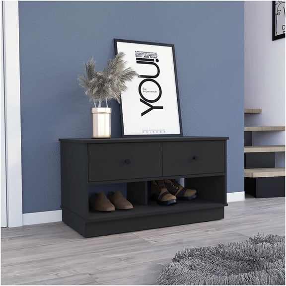 Willamette 2-Shelf 2-Drawer Storage Bench with Black Wengue Finish for Entryway or Bedroom
