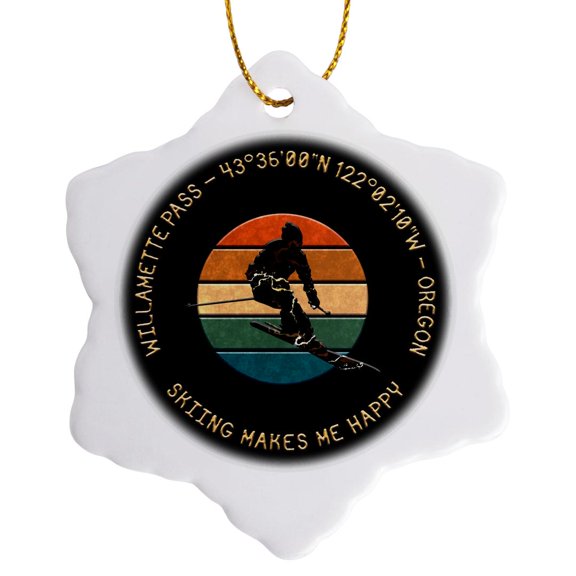 3drose, Willamette Pass, Oregon. Man Skier. Yellow, Black. Alpine Skiing Gift, 3 inch Snowflake Porcelain Ornament