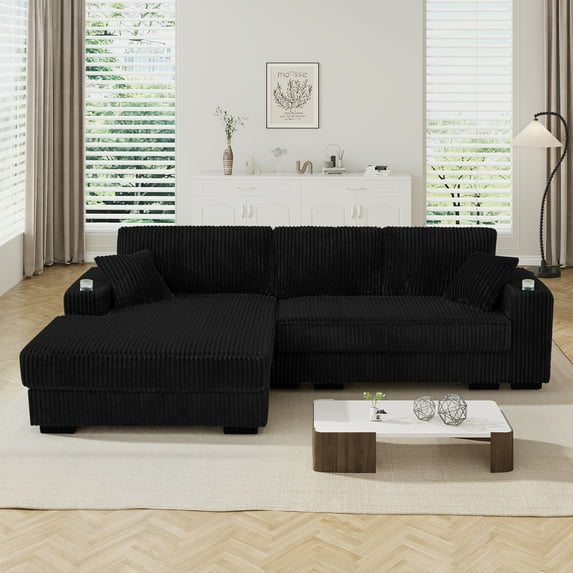 Willayok 110" L-Shape Cloud Sectional Couch with Oversized Chaise,Modern Modular Design for Living Room:Comfy Corduroy, Ottoman, USB Port, Cup Holder, Side Storage, Black