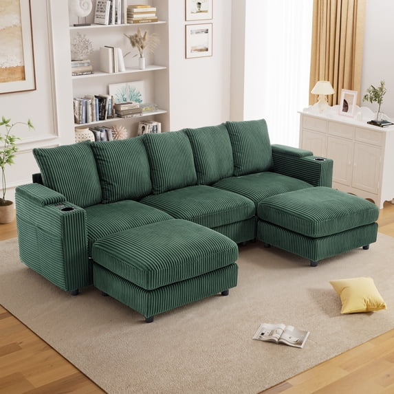 Wiilayok 110" Oversized U-Shaped Cloud Couch Sectional with Modular Design for Living Room: Comfy Corduroy, Ottoman, USB Port, Cup Holder, Armrest Storage, Side Pocket, Green