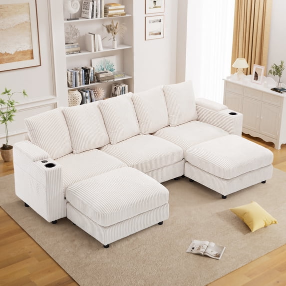 Wiilayok 110" Oversized U-Shaped Cloud Couch Sectional with Modular Design for Living Room: Comfy Corduroy, Ottoman, USB Port, Cup Holder, Armrest Storage, Side Pocket, Beige White