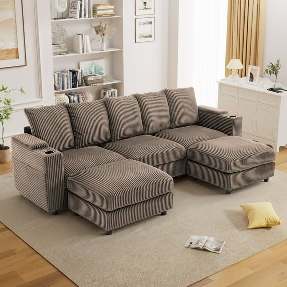 Willayok 110" Oversized U-Shaped Cloud Couch Sectional with Modular Design for Living Room: Comfy Corduroy, Ottoman, USB Port, Cup Holder, Armrest Storage, Side Pocket, Brown